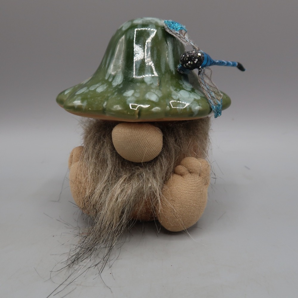 Ceramic Pottery Mushroom Gnomes Beard Statue Decor dragonfly 4 inch